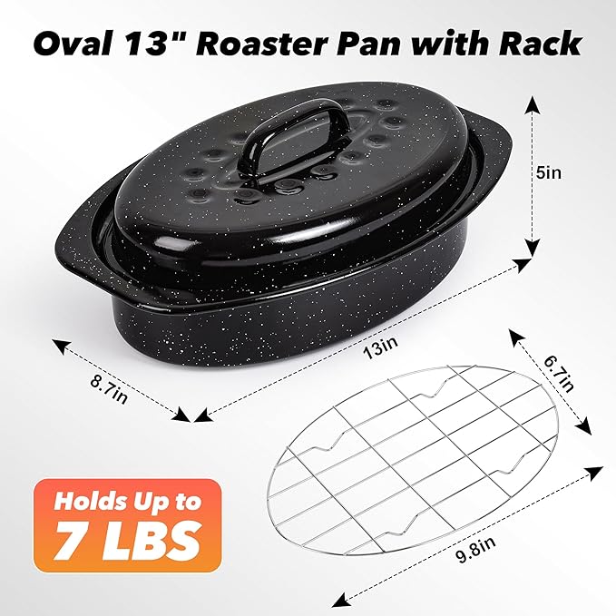 13” Roaster Pan with Lid and Rack, Small Enamel Roaster Pan with Oval Roasting