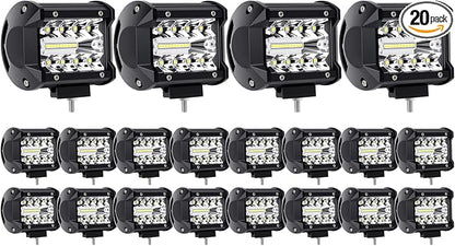 20Pcs Cube Triple Row Lights, Turboo Led Pod Lights 4 Inch 60W 12000LM Spot Flood Combo Light for Vehicle Accessories ATV UTV SUV Boat Pickup Lights