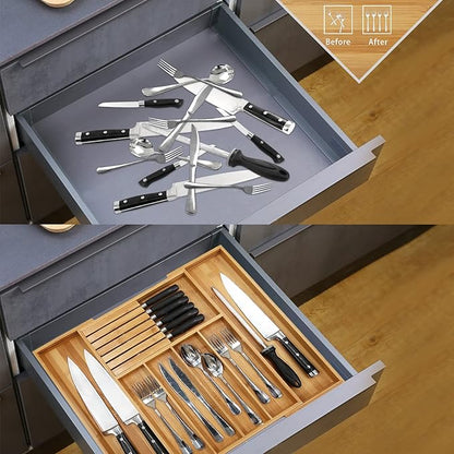 VaeFae Bamboo Silverware Drawer Organizer Kitchen, Expandable Utensil Organizer