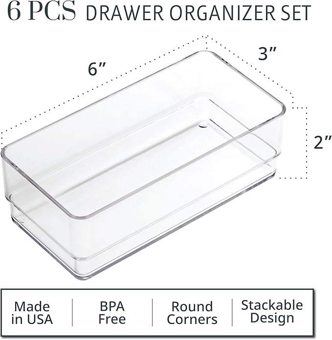 STORi SimpleSort 6-Piece Stackable Clear Drawer Organizer Set | 6" x 3" x 2"