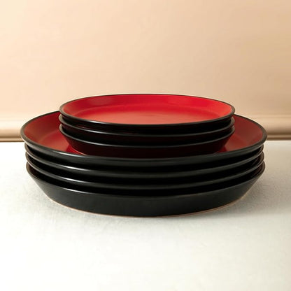 Stone Lain Albie Stoneware 16 Piece Dinnerware Set, Plates and Bowls Sets, Dish Set for 4, Red and Black, Microwave & Dishwasher Safe