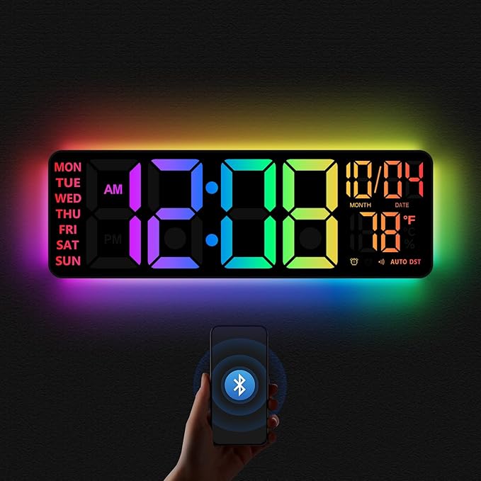 16" Digital Wall Clock with Night Light, Digital Clock with RGB Colors Changing
