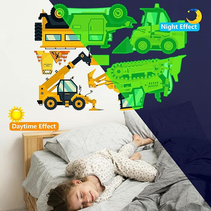 Glow in The Dark Construction Stickers, 23 PCS Glowing Luminous Truck Excavator Tractor Wall Decals Vehicle Truck Ceiling Stickers for Kids Boys Girls Bedroom Nursery Playroom Party Room Decor