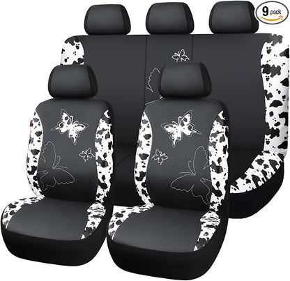 Flying Banner Butterfly car seat Covers ful Set Fashion Universal Lady Woman Female Rear Bench Split Colorized (Full Set - Faux Leather, Cow Print)