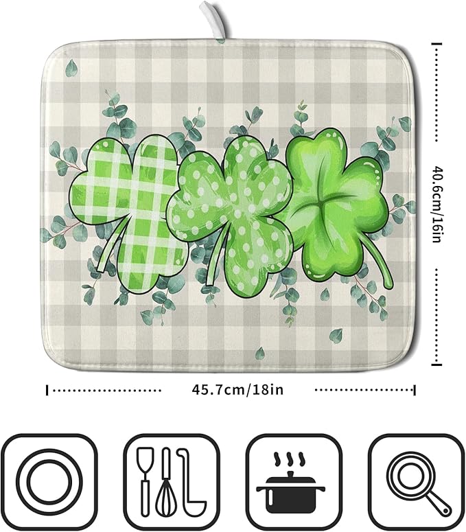 Giwawa Patrick Dish Drying Mat for Kitchen Green Clovers Grey Buffalo Plaids