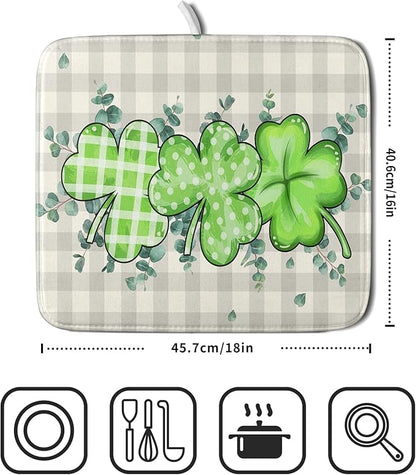 Giwawa Patrick Dish Drying Mat for Kitchen Green Clovers Grey Buffalo Plaids