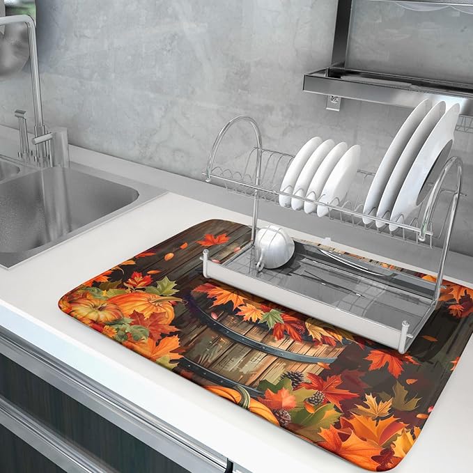 Fall Pumpkin Dish Drying Mat for Kitchen Counter Autumn Pumpkin Dish Mats for