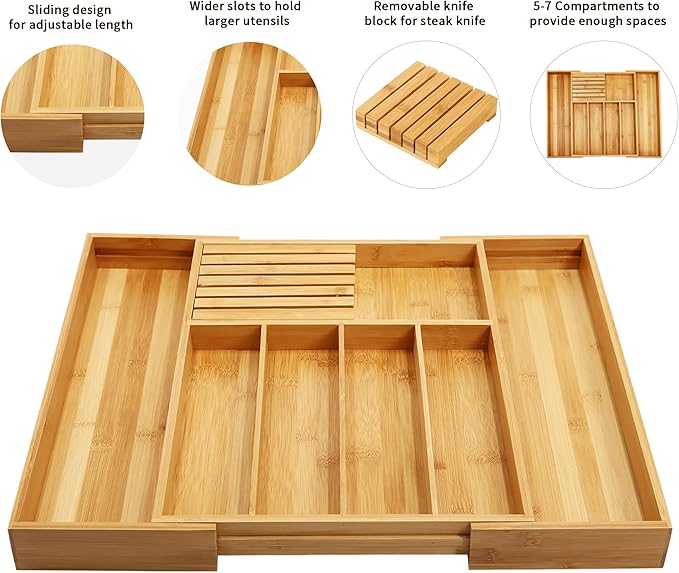 VaeFae Bamboo Silverware Drawer Organizer Kitchen, Expandable Utensil Organizer