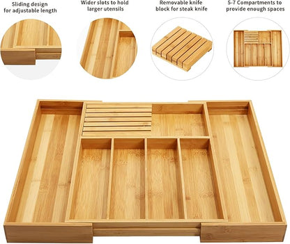 VaeFae Bamboo Silverware Drawer Organizer Kitchen, Expandable Utensil Organizer