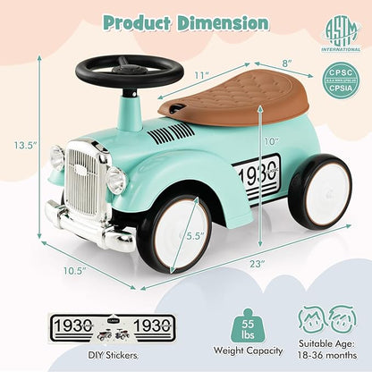 HONEY JOY Ride On Push Car, Outdoor Toddler Riding Toys w/Steering Wheel, Horn & Storage, Foot-to-Floor Sliding Car, No Batteries, Retro Baby Ride On Toys for Boys and Girls (Green)