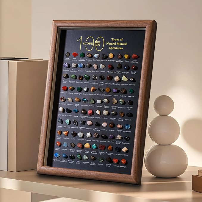 ACODE Natural Mineral Specimen Shadow Box, Geology Collection Case Decoration, Home Decor Wall Art Tabletop Display with Real Rocks Crystals, Gift for Birthday Christmas Housewarming Children's Day