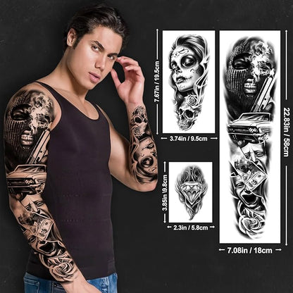 46 Large Chicano Temporary Tattoo for Men Women, Full Arm Day of the Dead Gangster Prisoner Fake Tattoos Mexico Cholas Lowriders Clown Tattoos, Tiny Cosplay Body Tattoos Stickers Realistic Adult Kid