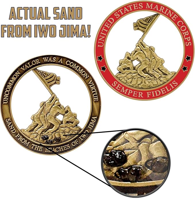 Marine Corps Iwo Jima USMC Challenge Coin with Actual Sands of Iwo Jima - Marine Corps Gifts Disabled Vet Owned Business - Iwo Jima Coin