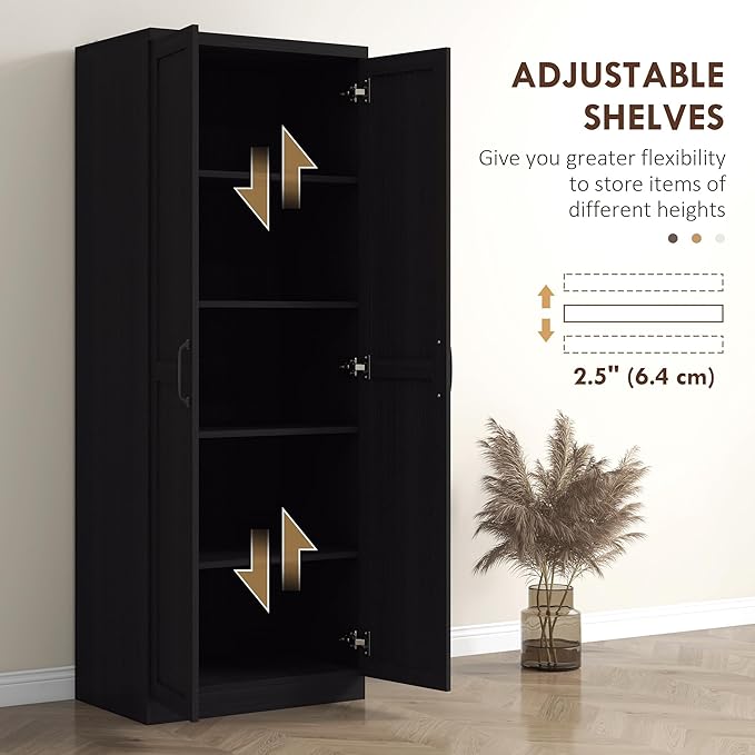 HOMCOM 63" 2-Door Kitchen Pantry, Freestanding Storage Cabinet with 5-Tier Shelving and 2 Adjustable Shelves for Dining Room, Black Wood Grain