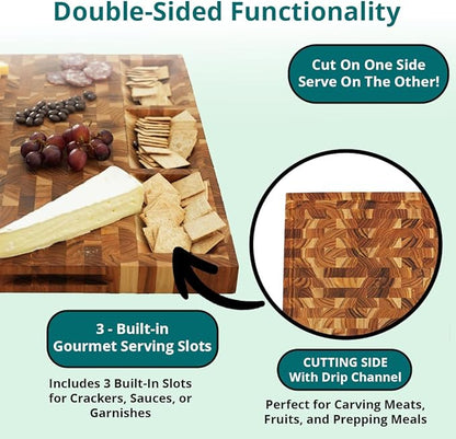 EcoDecors FSC Certified Solid Teak Cutting Board 20x15, Reversible End Grain Wood Board with 3 Charcuterie Trays for Kitchen, Cheese, Meat & Serving