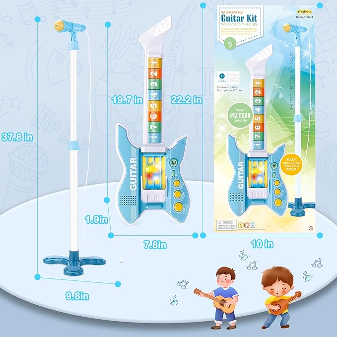 deAO Kids Guitar and Microphone Set with Stand Adjustable Height Music Light Karaoke Music Toys Christmas Birthday Gift for Kids Boys Girls (Blue)