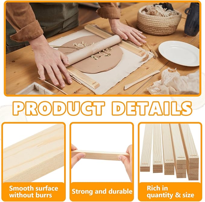 Sasylvia 20 Pcs Pottery Rolling Pin Guides Wood Teaching Rolling Mud Stick
