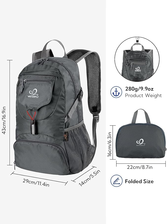 WATERFLY Small Lightweight Packable Backpack: 20l Ultra Light Foldable Travel Hiking Camping Daypack Day Pack for Man Woman