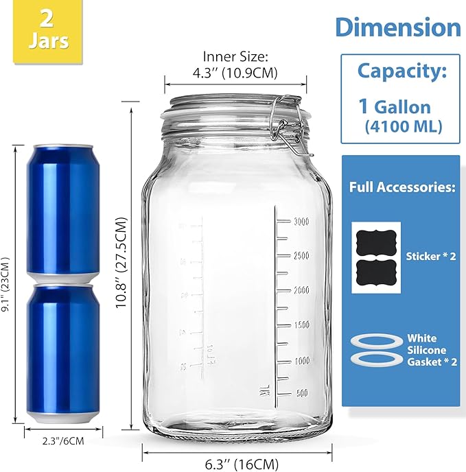 1 Gallon Super Wide Mouth Glass Storage Jars with Airtight Lids and 2 Measurement Marks, Leak Proof Glass Container with Hinged Lids, Large Pickle Jars with Labels and Silicone Gasket, 2 Pack