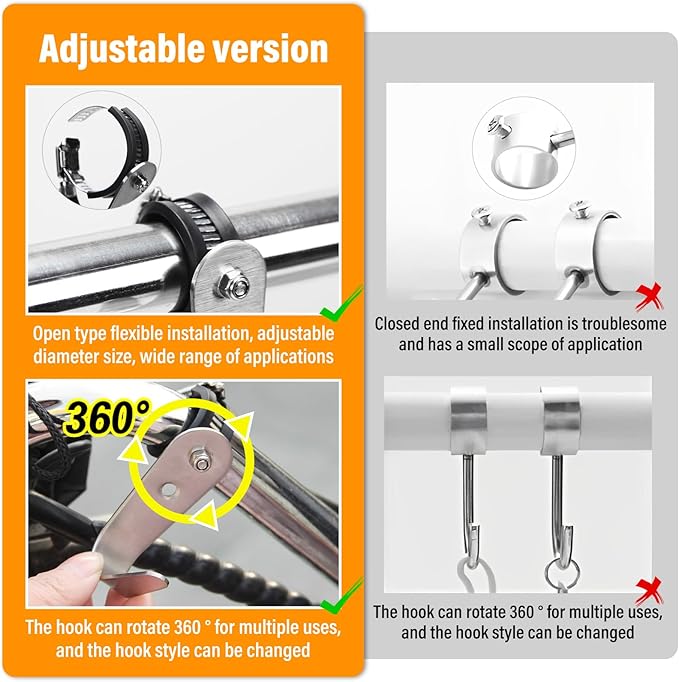 Tube Rod Hooks,Stainless Steel Adjustable J Hooks, for 0.83"-1.5" in (21-38mm) Inner Dia Adjustable Rod,Bathroom Wardrobe Pipe Hanger,Large U Hooks (2 Pack)