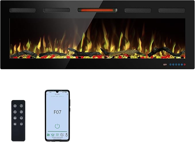 50" WiFi Electric Fireplace Inserts, Recessed and Wall Mounted Fireplace Heater