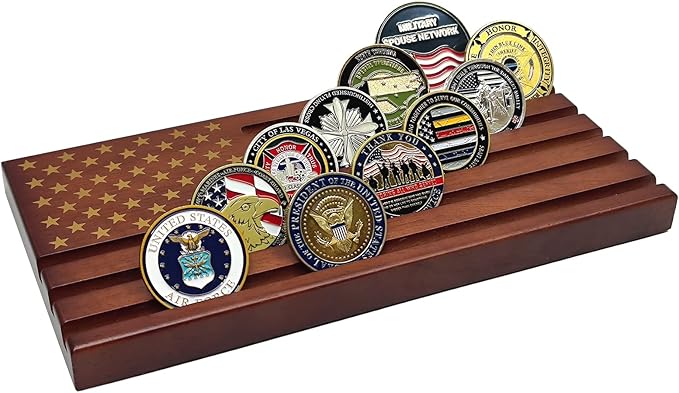 Challenge Coin Display Wooden Army Collectible Coins Holder 6 Row Display American Flag