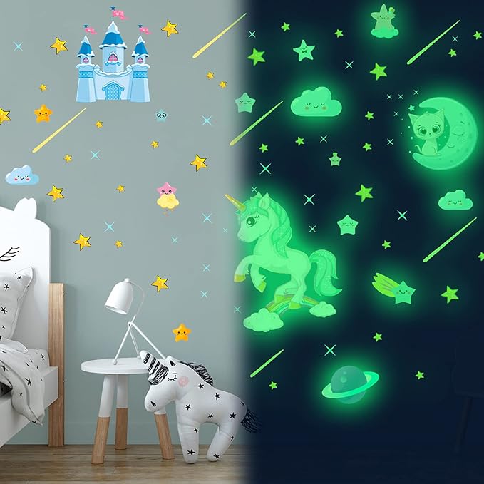 Glow in The Dark Unicorn Stickers, 206 pcs Cats and Moon Wall Decals, Glowing Castle Clouds Ceiling Decor for Kids Bedroom, Stars and Rainbow Wall Decor for Girls and Boys Gift