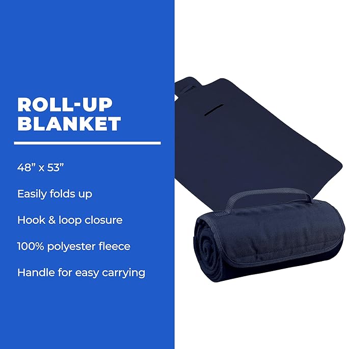 25 Ct of Roll-Up Blankets for Camping, Travel, Outdoors, Beach, Picnics – Dark Blue – Hook + Loop Closure for Easy Use in Cars & on Airplanes – Customizable for Promotions & Events