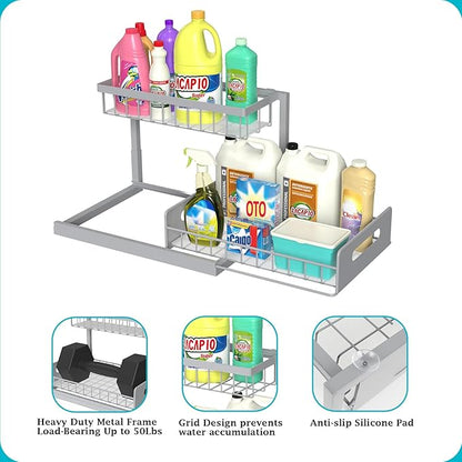 REALINN Under Sink Organizer, Pull Out Cabinet Organizer 2 Tier Slide Out Sink