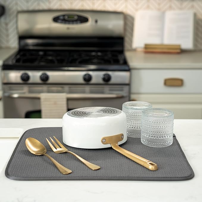 S&T INC. Dish Drying Mat 2 Pack, 16” x 18”, Absorbent Microfiber Kitchen