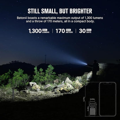 OLIGHT Baton4 Rechargeable EDC Flashlight, Bright LED Flashlight 1300 Lumens with Charging Cable, IPX8 Waterproof, 6 Adjustable Modes Handheld Light for Home, Camping, and Emergencies (Black)