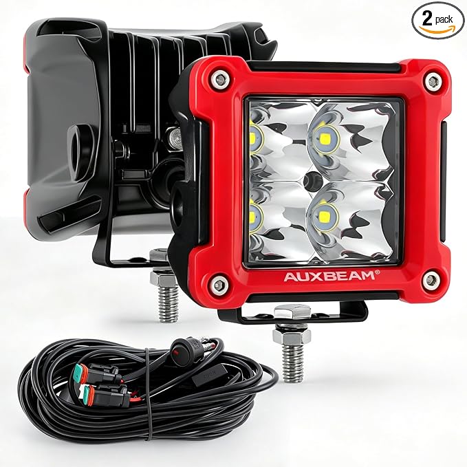 Auxbeam FA Series Red Housing LED Pods, 3-Inch 40W Spot Beam Aux Light Bar, Off-Road Spotlight Hood Hinge Lights, A-Pillar Ditch Lights Driving Offroad Lighting, 2-Pack