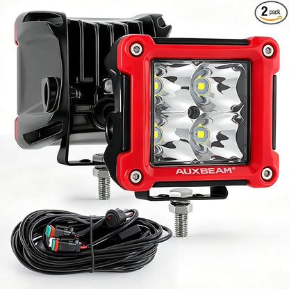 Auxbeam FA Series Red Housing LED Pods, 3-Inch 40W Spot Beam Aux Light Bar, Off-Road Spotlight Hood Hinge Lights, A-Pillar Ditch Lights Driving Offroad Lighting, 2-Pack
