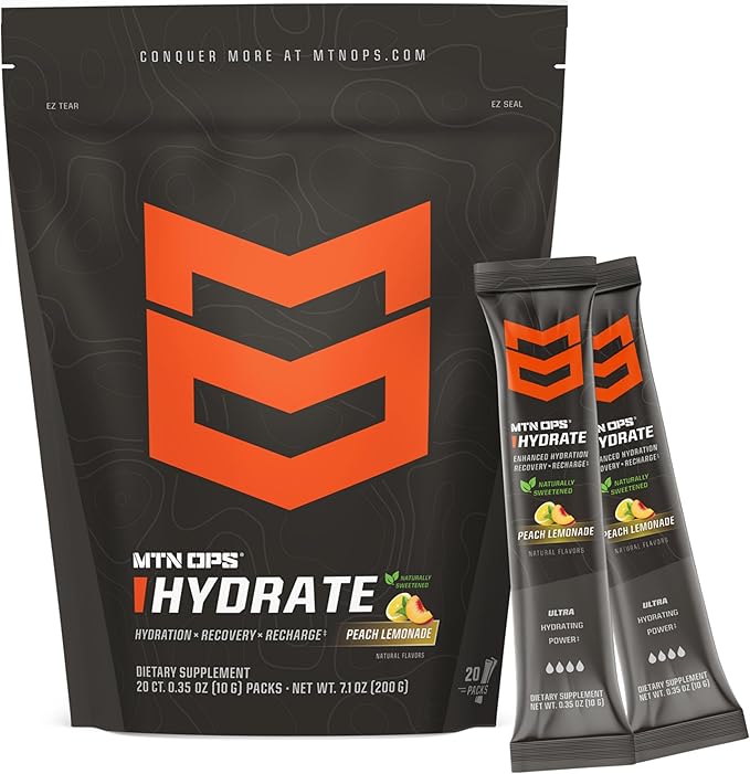 MTN OPS Hydrate Electrolytes Powder Drink Mix, Naturally Sweetened with Monk Fruit, Gluten Free 20 Single Serving On-The-Go Electrolyte Packs, Peach Lemoande