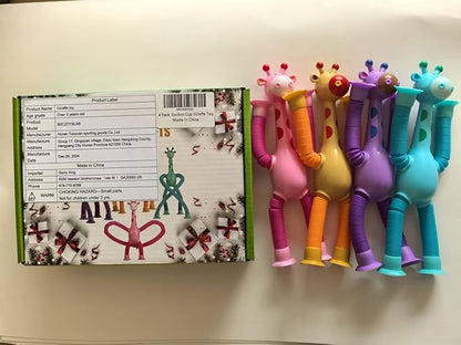 4Pcs Giraffe Pop Tube Sensory Toys, Telescopic Suction Fidget Toys for Autism, Toddler Travel & Airplane Activities, 2025 Boy & Girl Christmas Stocking Stuffers Gift Idea
