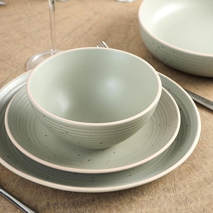 Stone Lain Lauren Stoneware, Rustic Plates and Bowls Set, Dinnerware, Service for 4, Speckled Green, Dishwasher & Microwave Safe, 16-Piece
