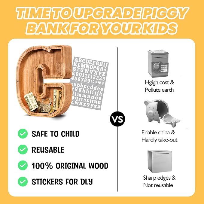 KMC Wooden Letter Piggy Bank, Personalized Initial Piggy Bank for Kids Boys, Clear Alphabet C Wood Money Box, Unbreakable Coin Saving Jar, Birthday, for Children