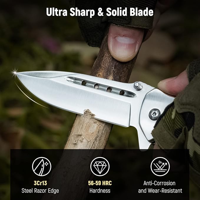 Pocket Knife for Men - 3.46" Sharp Blade Wood Handle Pocket Folding Knives with Clip, Glass Breaker - EDC Knives for Survival Camping Fishing Hiking Hunting Women, Silver