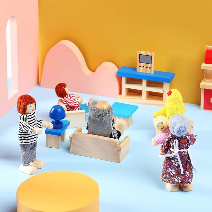 Sumind Wooden Doll House Furniture and Accessories Set With 27 Pieces Furniture, 8 Family Figures for Dollhouse Family Set
