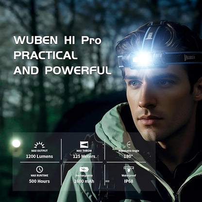 WUBEN H1 Pro Rechargeable Headlamp, 1200 High Lumen Ultra Bright LED Head Lamp, 11 Modes 180°Adjustable IP68 Headlight with Red Light for Outdoors Camping Hunting Hiking Running Fishing Gear