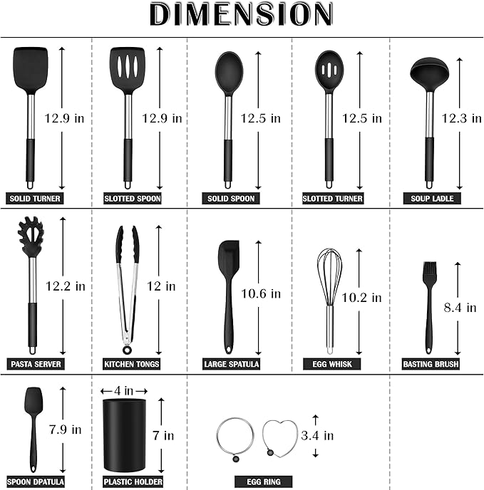 Silicone Cooking Utensils Set, E-far 14-Piece Black Kitchen Utensils Set