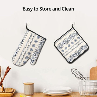 Boho Oven Mitts Set – Vintage Floral Pot Holders Kitchen Gloves