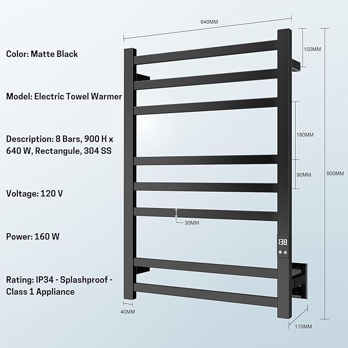 8-Bar Electric Heated Towel Warmer, Fast Heating