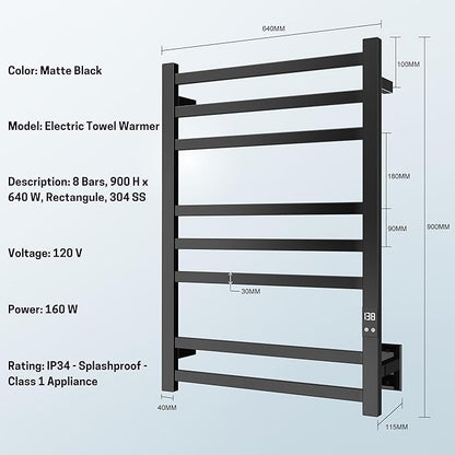 8-Bar Electric Heated Towel Warmer, Fast Heating