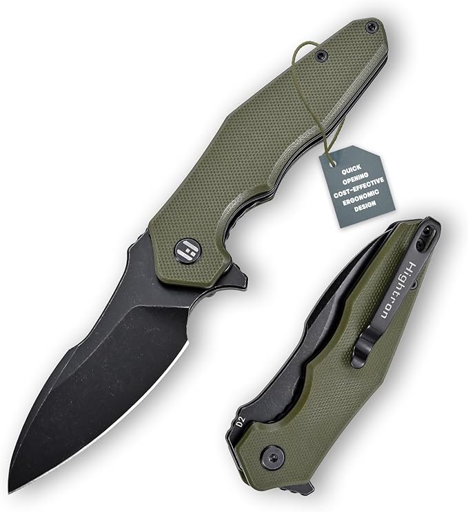Hightron Mini Ventura Flipper Pocket Knife, 2.85" D2 Blade and Ergonomic G10 Handle, EDC Folding Knives for Camping Survival Hiking tool for Men Women (Green-B)