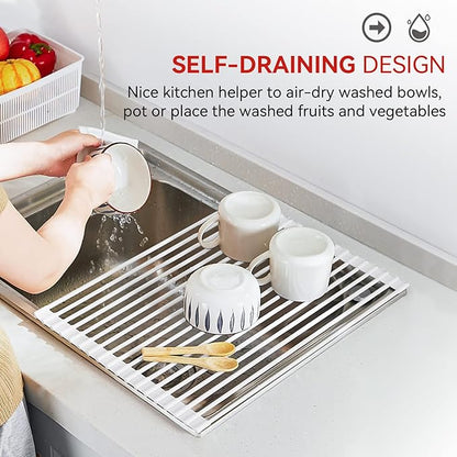 MERRYBOX Roll Up Over The Sink Dish Drying Rack Silicone Wrapped Foldable