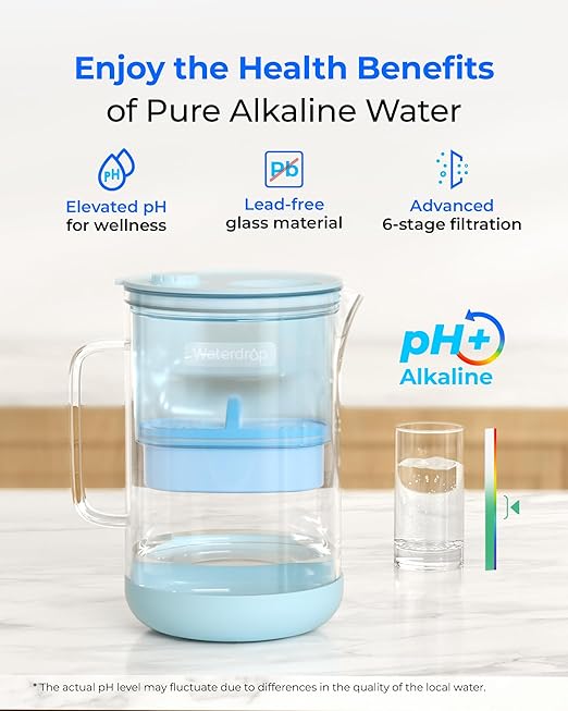 Waterdrop PT-09B-A 10-Cup Large Glass Alkaline Water Filter Pitcher,
