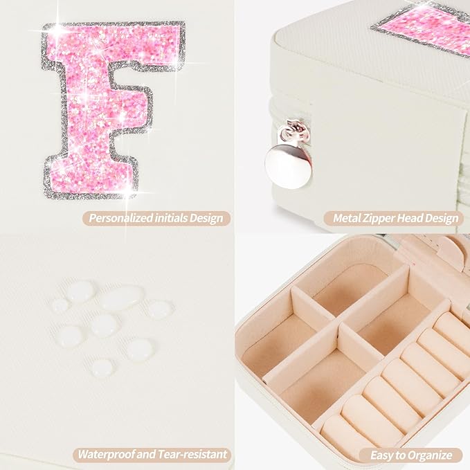 Personalized Jewelry Case for Women Girls - Fashion Mini Jewelry Boxes - Trendy Travel Jewelry Organizer with Initials Letter - Teen Gifts | Cream,F