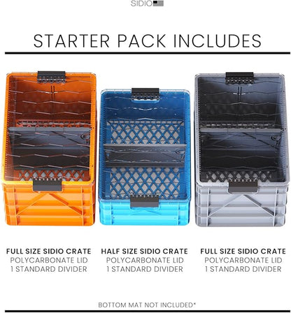 SIDIO CRATE Starter Pack - Two Full Size and One Half Size SidioCrate, Stackable Outdoor Organizer Storage Bins with Clear Lid and Dividers - SIDIO Variety Pack