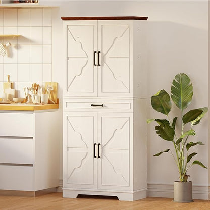 IRONCK Farmhouse Kitchen Pantry Cabinet, 72" Height Tall Freestanding Cupboard with Sliding Storage Rack and 6 Hanging Shelves for Kitchen, Dining Room, White